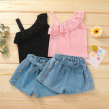 Kids Baby Girls Set Summer One Shoulder Ruffle Denim Shorts 2pcs