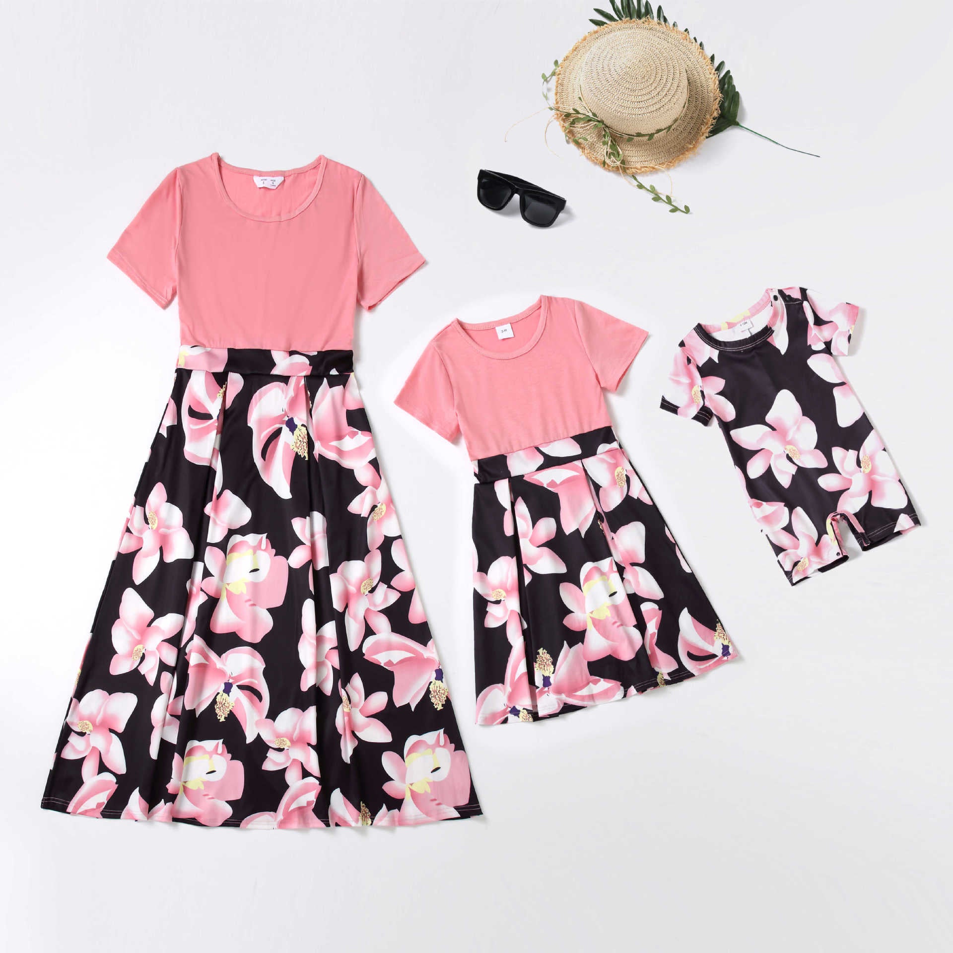 Family Matching Mother Daughter Splicing Printing Flowers Dress