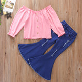 Kids Baby Girl Suit Solid Neck Long Sleeve Ripped Flared Sets 2 Pcs
