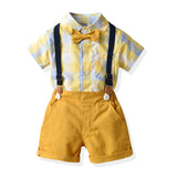 Kid Baby Boy Suit Long Sleeve Plaid Lapel Bowtie Suspenders 2 Pcs Sets