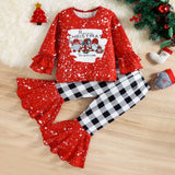 Kid Baby Girl Christmas Cartoon Printed Plaid Bell Bottoms Sets 2 Pcs