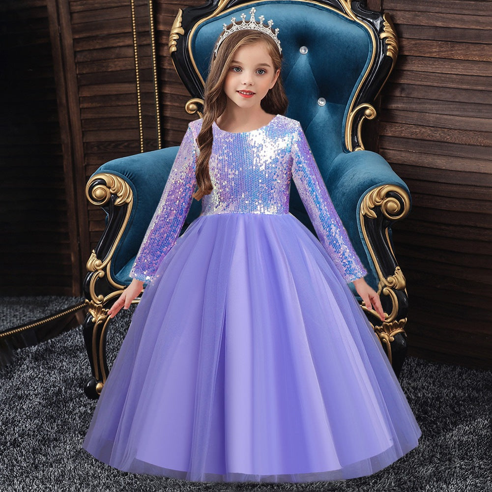 Kid Girl Sequins Puffy Long-sleeved Mesh Princess Dresses
