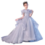 Kid Girl Drag-tailed Show Delicate Pompous Yarn Host Flower Piano Dresses