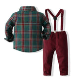 Kid Baby Boys Gentleman Autumn Suit Long Sleeve Plaid Suspenders 3 Pcs Sets