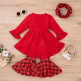 Girl Suit Valentine's Day Solid Color Top Plaid Heart Flared Set 2 Pcs