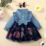 Kid Baby Girl Autumn Popular Denim Splicin Gauze Poncho Princess Dresses
