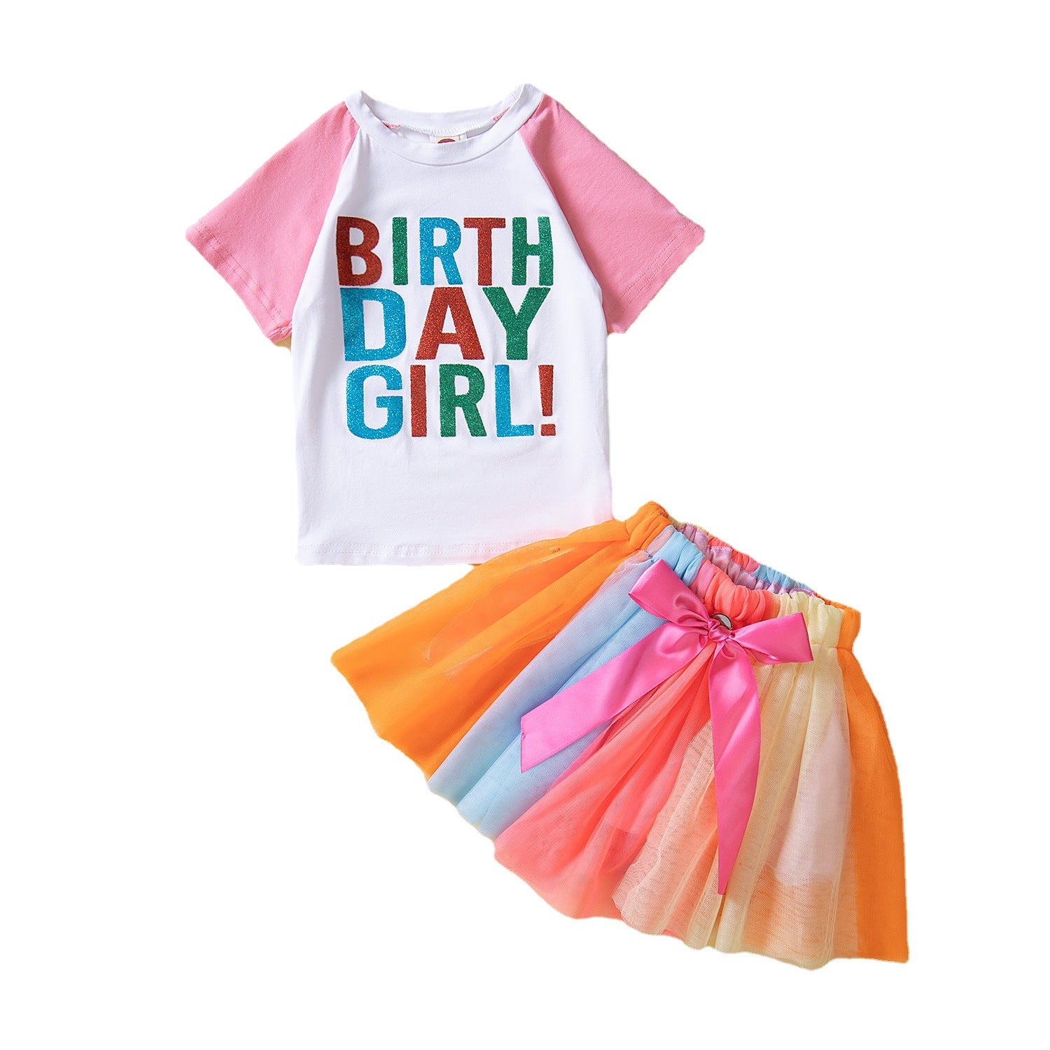 Kid Baby Girl Letter Printed Short Sleeve Crew Neck Colorful Set 2 Pcs