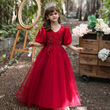 Kid Girl Bubble Sleeve Wedding Princess V-neck Dress