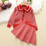 Kid Baby Girl Plaid Lapel Fragrant Knitting Sweater 2 Pcs Sets