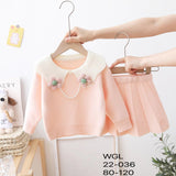 Kid Baby Girl Pearl Flower Pleated Sweater Suit 2 Pcs Sets