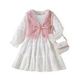 Kids Baby Girl Ruffle Hem Long Sleeve Casual Solid A-line Dress 2 Pcs