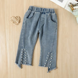 Kid Baby Boy Embroidered Mesh Bubble Sleeve Pearl Hem Jeans 2 Pcs Sets