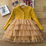 Kid Baby Girl Princess Knitted Cake Long Sleeve Mesh Puffy Dress