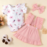 Baby Girl Flower Printed Short Sleeve Strap 3 Pcs Sets