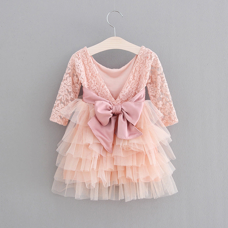 Kid Baby Girl Lace Bow Long Sleeve Cake Spring Dresses