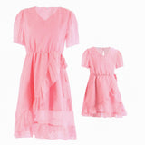 Family Matching Mother-daughter Pink Lovely Irregular Vacation Dresses