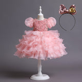 Kid Baby Girl Bubble Sleeve Puffy Cake Sequin Gauze Dresses
