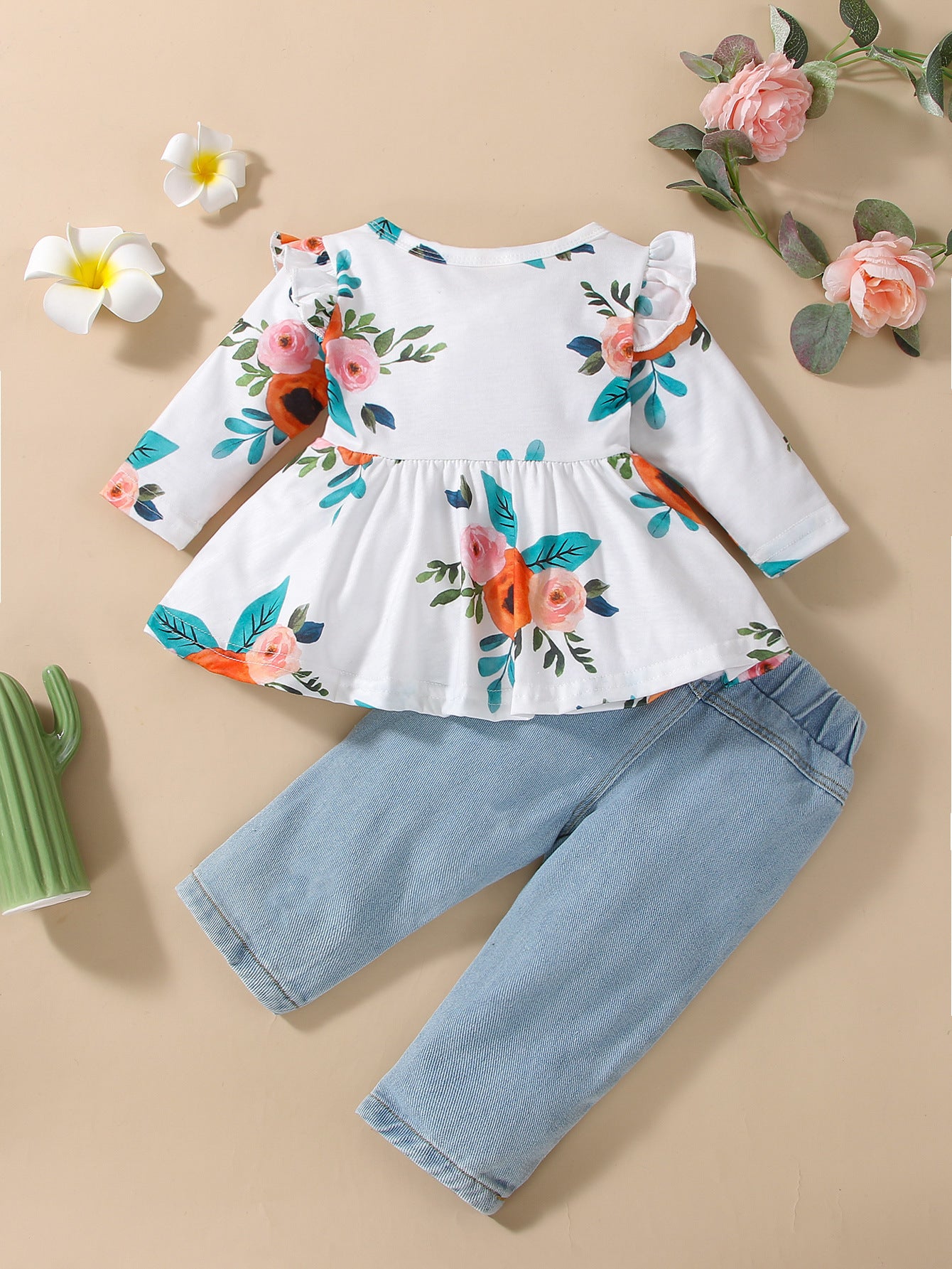 Baby Girl Suit Long Sleeve Floral Denim Fall 2 Pcs Sets