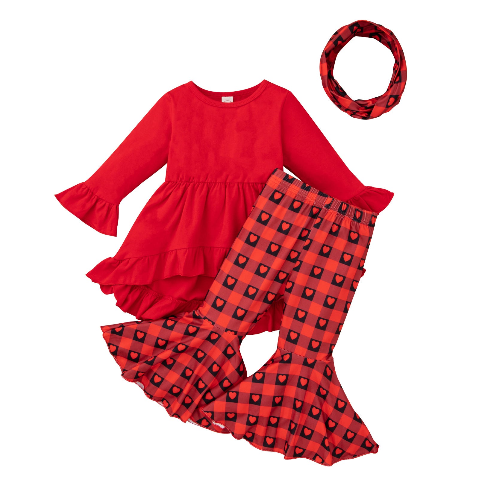 Girl Suit Valentine's Day Solid Color Top Plaid Heart Flared Set 2 Pcs