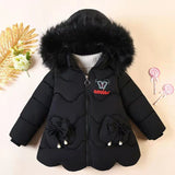 Girls Jacket Thick Keep Warm Detachable  Wool Collar Down Padded Hooded Coat