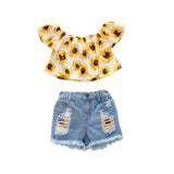 Kid Baby Girls Summer Printed One-shoulder Denim Shorts 2 Pcs Sets