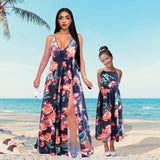 Family Matching Mother Daughter Halter Belt Flower Printed Garden Dresses