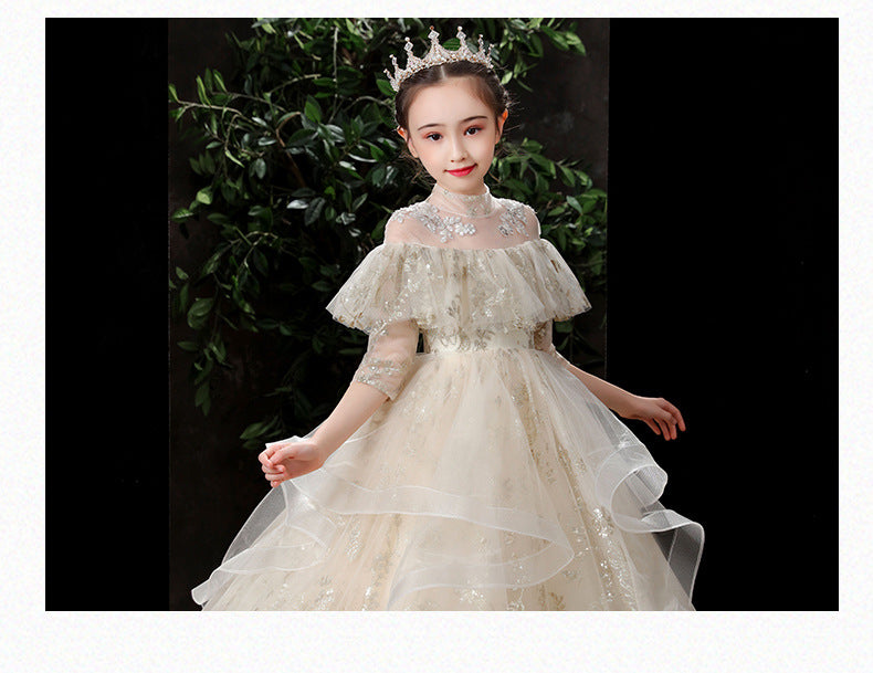 Kids Long Girl Champagne Sequin Embroidery Teenagers Ceremony Dress