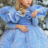 Kid Baby Girl Sequined Performances Spring Blue Short Birthday Princess Dresses