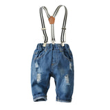 Baby Boys Summer Suit  Short Sleeve Strap Jeans Plaid 3 Pcs Sets