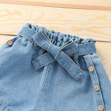 Kids Baby Girls Set Summer One Shoulder Ruffle Denim Shorts 2pcs