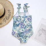 Kid Girl Tropical Print Bowknot Shoulder Strap One-piece Swimsuit