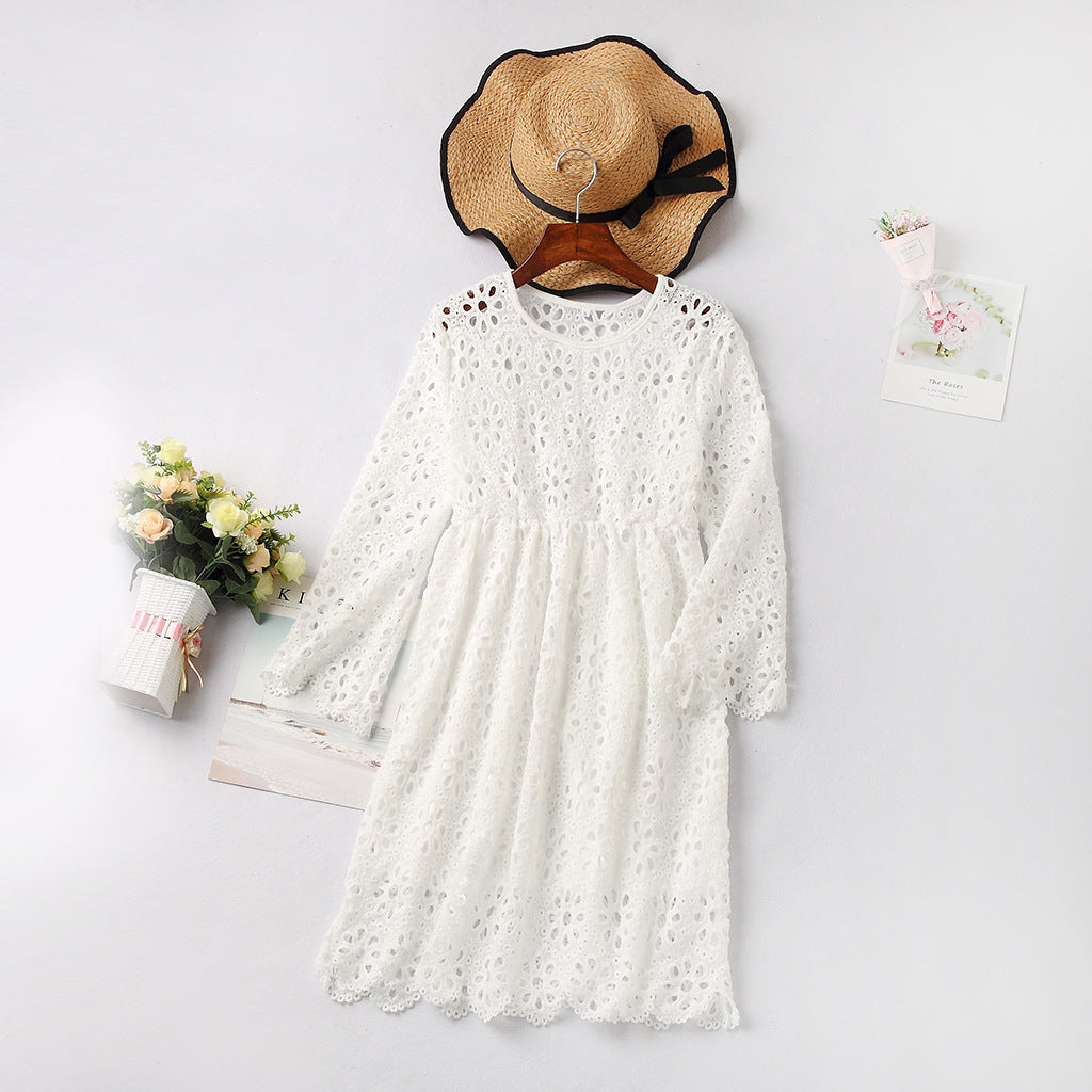 Family Matching Summer Sexy Lace Round Collar Flounces Quarter Sleeve Dresses