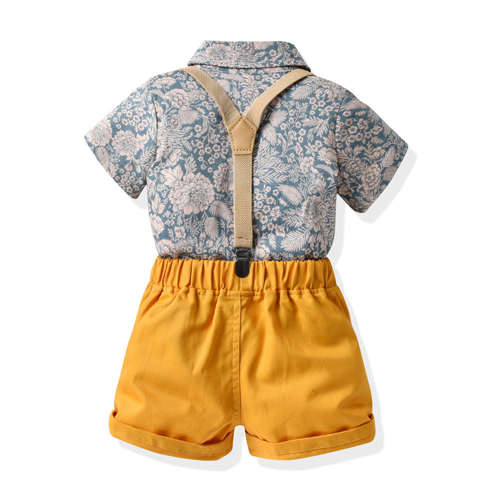Kid Baby Boy Suit Short Sleeve Printed Suspenders Bow Tie Beach 2 Pcs Sets