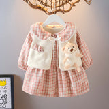 Autumn Winter Kid Baby Girls Plus Velvet Plaid 3 Pcs Sets