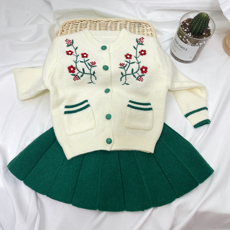Kid Baby Girls Cardigan Pleated  Autumn Winter Suit 2 Pcs Sets