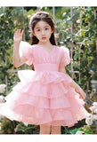 Kid Girl Summer Fairy Pink Puff Bubble Sleeve Princess Dresses