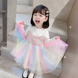 Kid Girls Shaggy Yarn Autumn Princess Woollen Rainbow Dresses