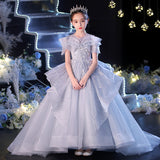 Kid Girl Drag-tailed Show Delicate Pompous Yarn Host Flower Piano Dresses