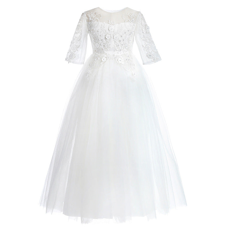 Kid Girl Banquet Long Sleeve Fluffy Yarn White Wedding Princess Dresses