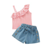 Kid Baby Girl Suit Ins Solid One Shoulder Sleeveless Jean Shorts 2 Pcs Sets