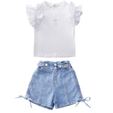 Kid Girl Summer Suits Fashion Jeans Casual  Bud Sleeves 2 Pcs Sets