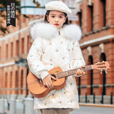 Kid Girls Cotton-padded Long Bright Leather Wool-collar Coats 4-14T