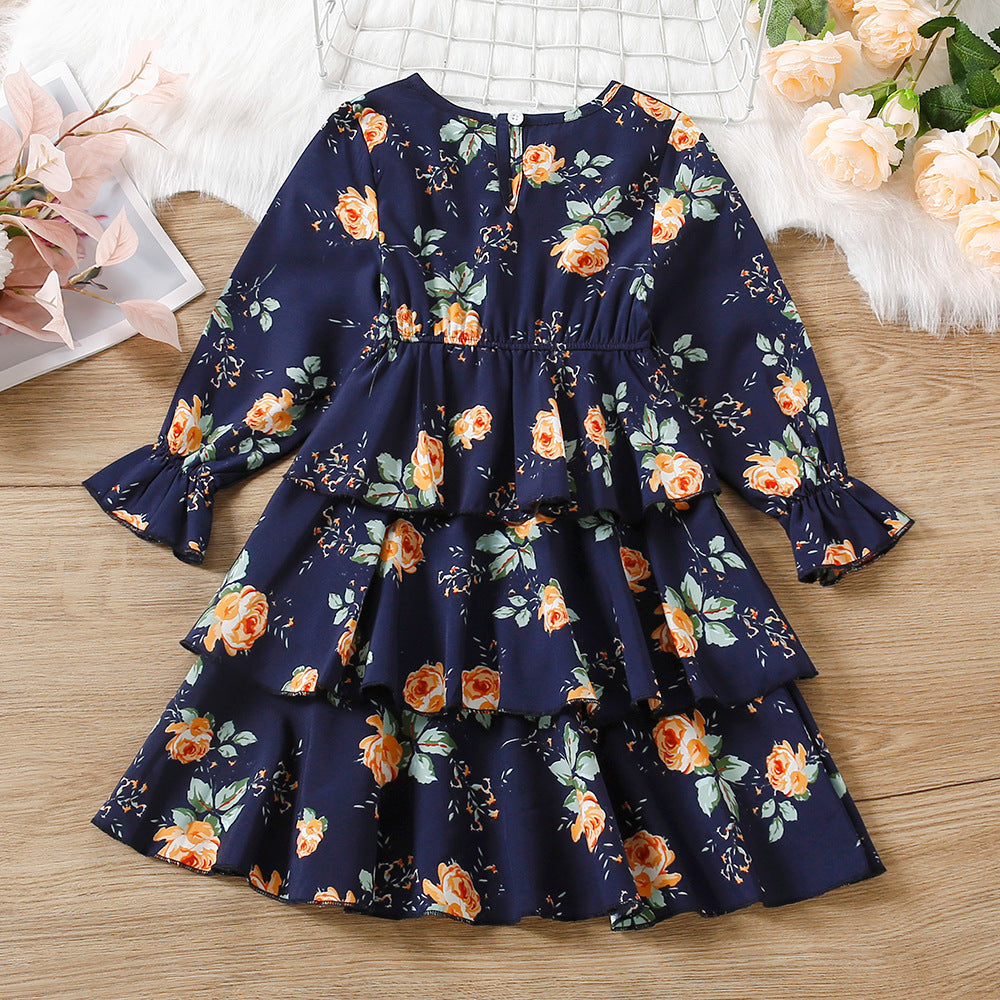Kid Baby Girl Autumn Rose Print Multi-layer Long-sleeved Flower Dress