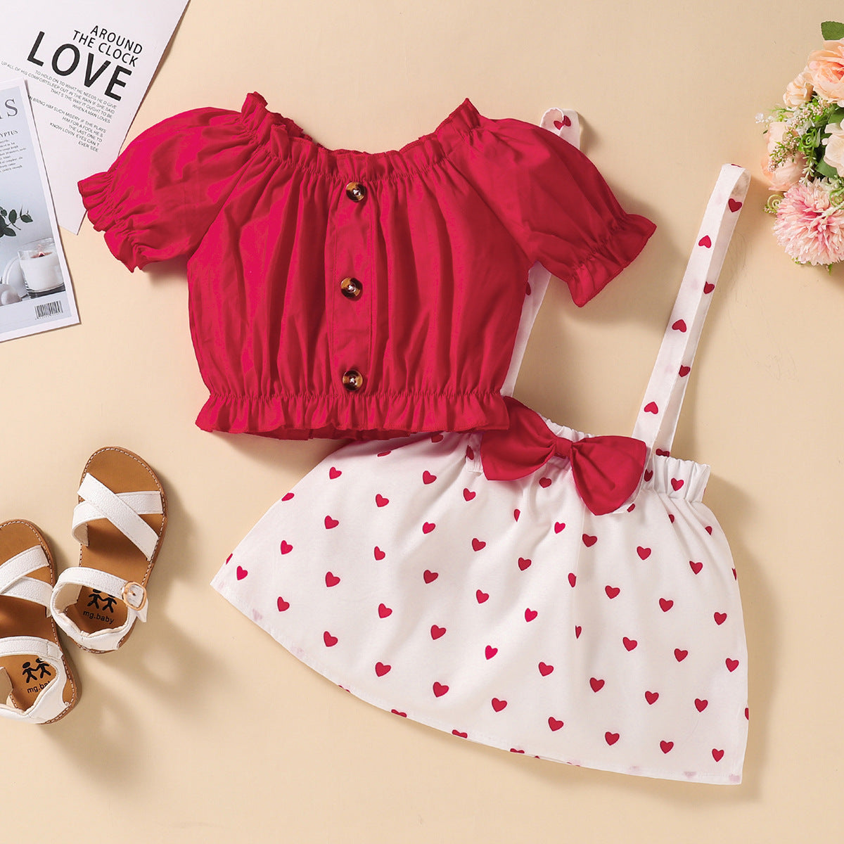 Baby Kid Girls Valentine's Day  Red One-line Shoulder Polka Dot 2 Pcs Sets