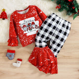 Kid Baby Girl Christmas Cartoon Printed Plaid Bell Bottoms Sets 2 Pcs