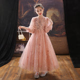 Kid Girls Pink Heavy Lace Long Poncho Princess Dresses