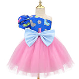 Kid Baby Girl Oblique Print Splicing Bow Mesh Gauze Dresses