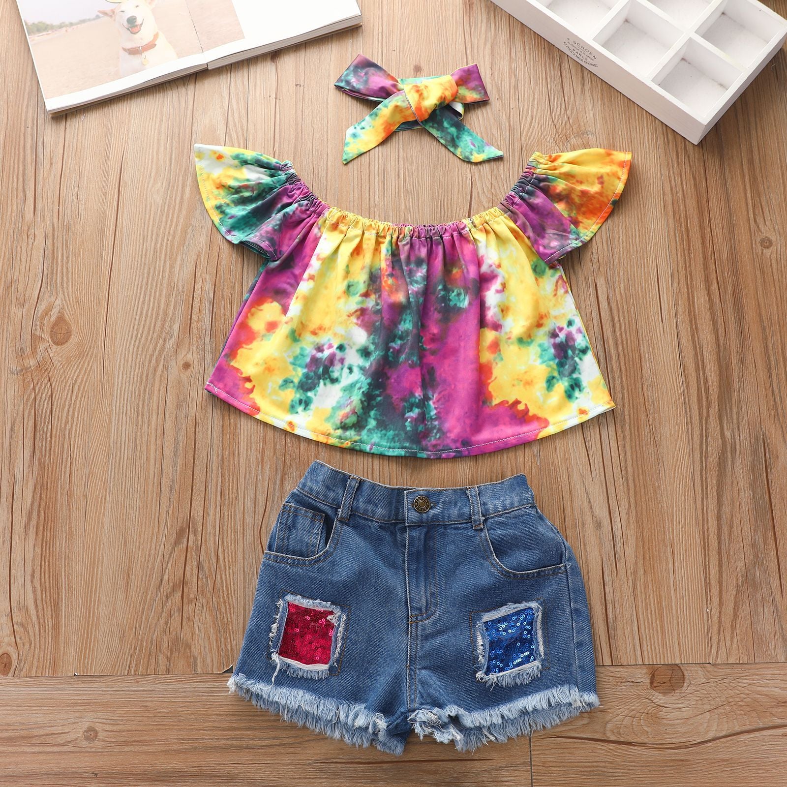 Kid Baby Girl Tie-dye Printed One-shoulder Shorts 3 Pcs Sets
