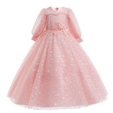 Kid Girls Long Sleeve Bubble Sleeve Puffy Butterfly Lace Dresses