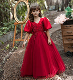 Kid Girl Bubble Sleeve Wedding Princess V-neck Dress